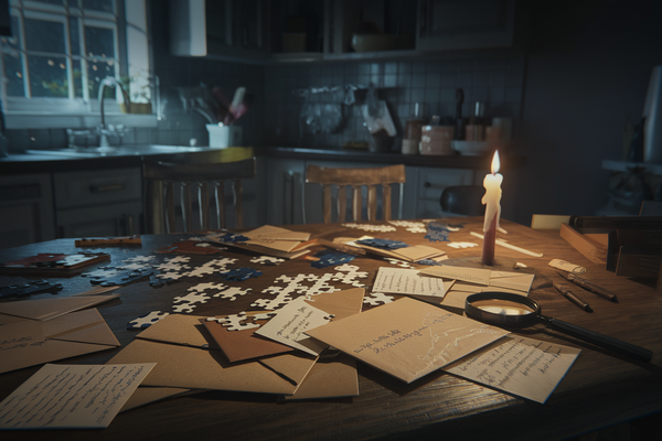 A mystery investigation scene at home — clues and puzzle pieces spread across a table