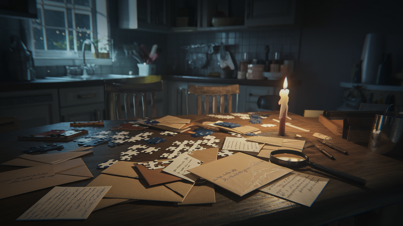 A mystery investigation scene at home — clues and puzzle pieces spread across a table