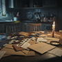 A mystery investigation scene at home — clues and puzzle pieces spread across a table