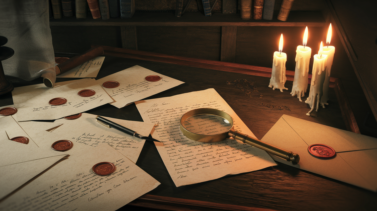 hunt a killer uk alternative - Nutty Orange mystery game on a candlelit detective desk