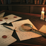 hunt a killer uk alternative - Nutty Orange mystery game on a candlelit detective desk
