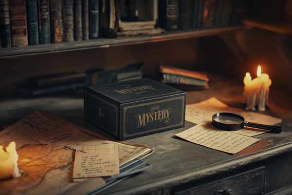 games like hunt a killer — Nutty Orange mystery game box on a candlelit study table