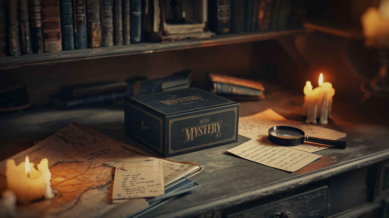 games like hunt a killer — Nutty Orange mystery game box on a candlelit study table