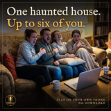Four friends on a sofa screaming and laughing at a laptop while playing The Still Room, an online haunted-house escape room for up to six players