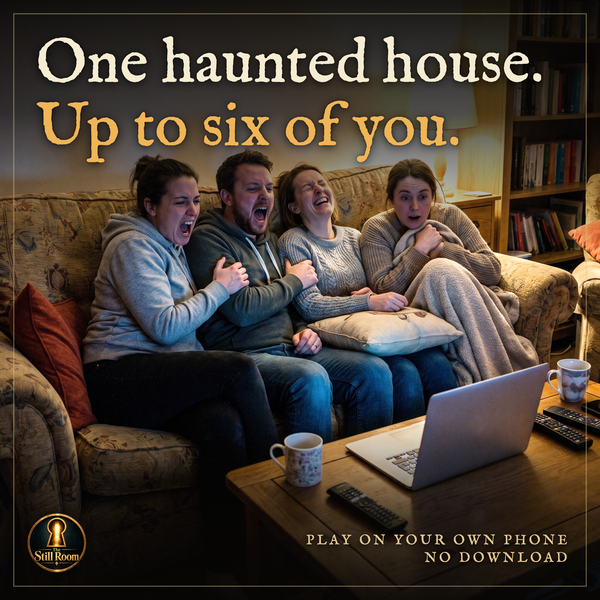 Four friends on a sofa screaming and laughing at a laptop while playing The Still Room, an online haunted-house escape room for up to six players
