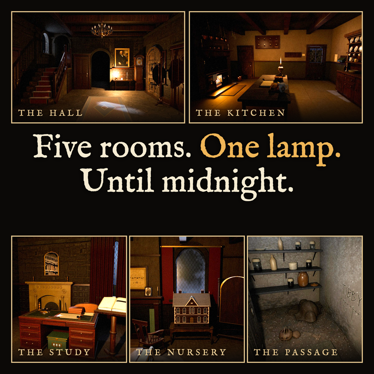 Five rooms of the haunted Sallow House in The Still Room: the hall, kitchen, study, nursery and passage