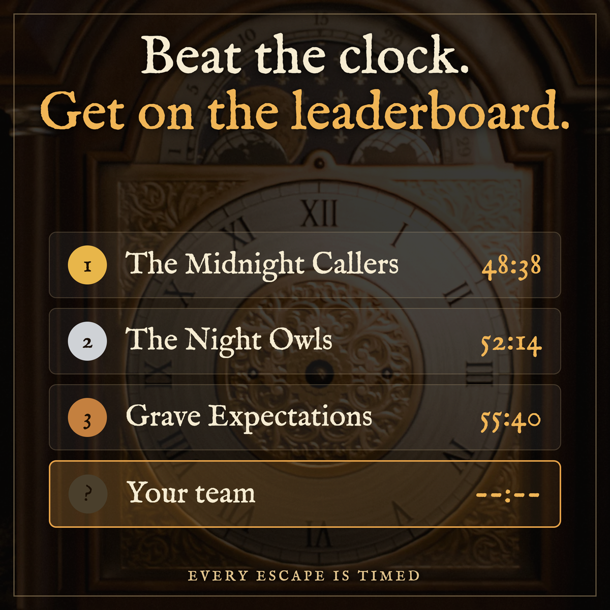 The Still Room leaderboard of fastest teams over an antique clock face, with an empty slot for your team