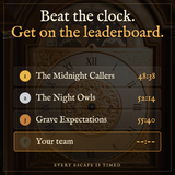 The Still Room leaderboard of fastest teams over an antique clock face, with an empty slot for your team